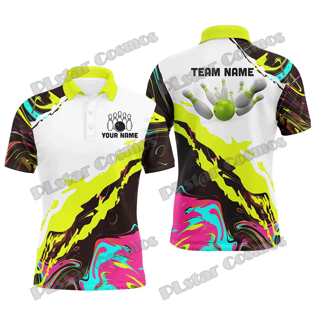 Camo Bowling Ball And Pins Option multicolore Nom personnalisé 3D Imprimé Polo pour hommes Été Unisexe