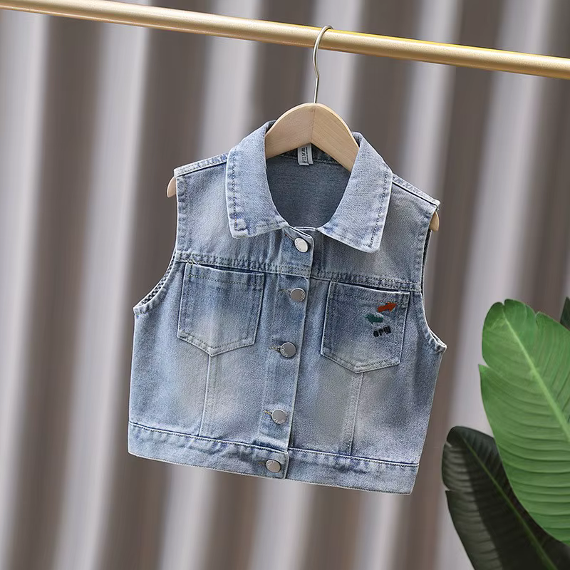 Enfants Denim veste sans manches avec ours de dessin animé pour Tween garçon fille gilet en jean décontracté élégant