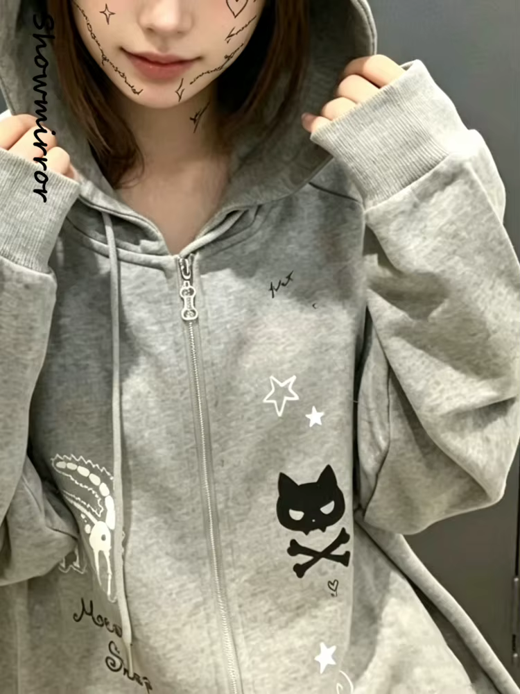 Sweat-shirt court gothique à capuche zippé pour femme