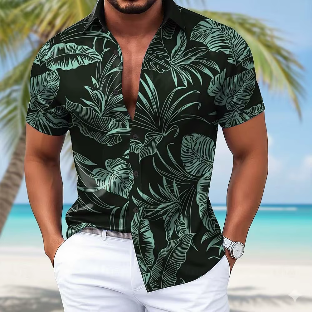 Chemise hawaïenne tropicale à motif feuilles de palmier pour homme