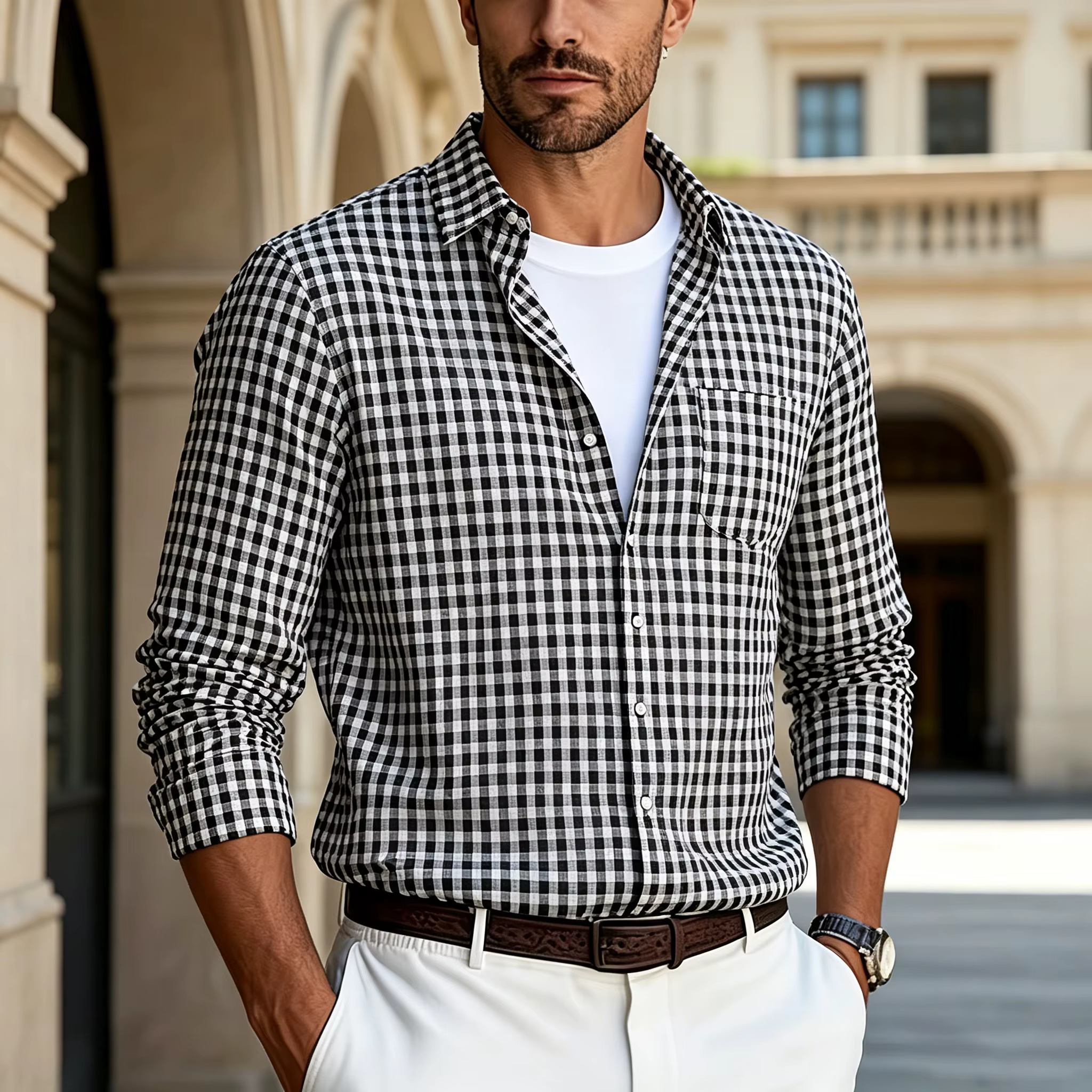 Chemise à carreaux fins à manches longues pour homme
