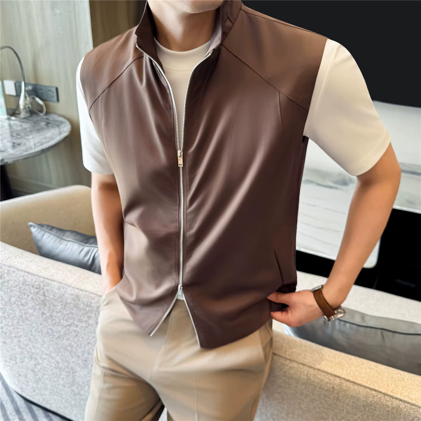 Gilet sans manches en Tencel durable pour homme - Haut léger respirant effet soie glacée avec col montant et fermeture éclair pour l'été
