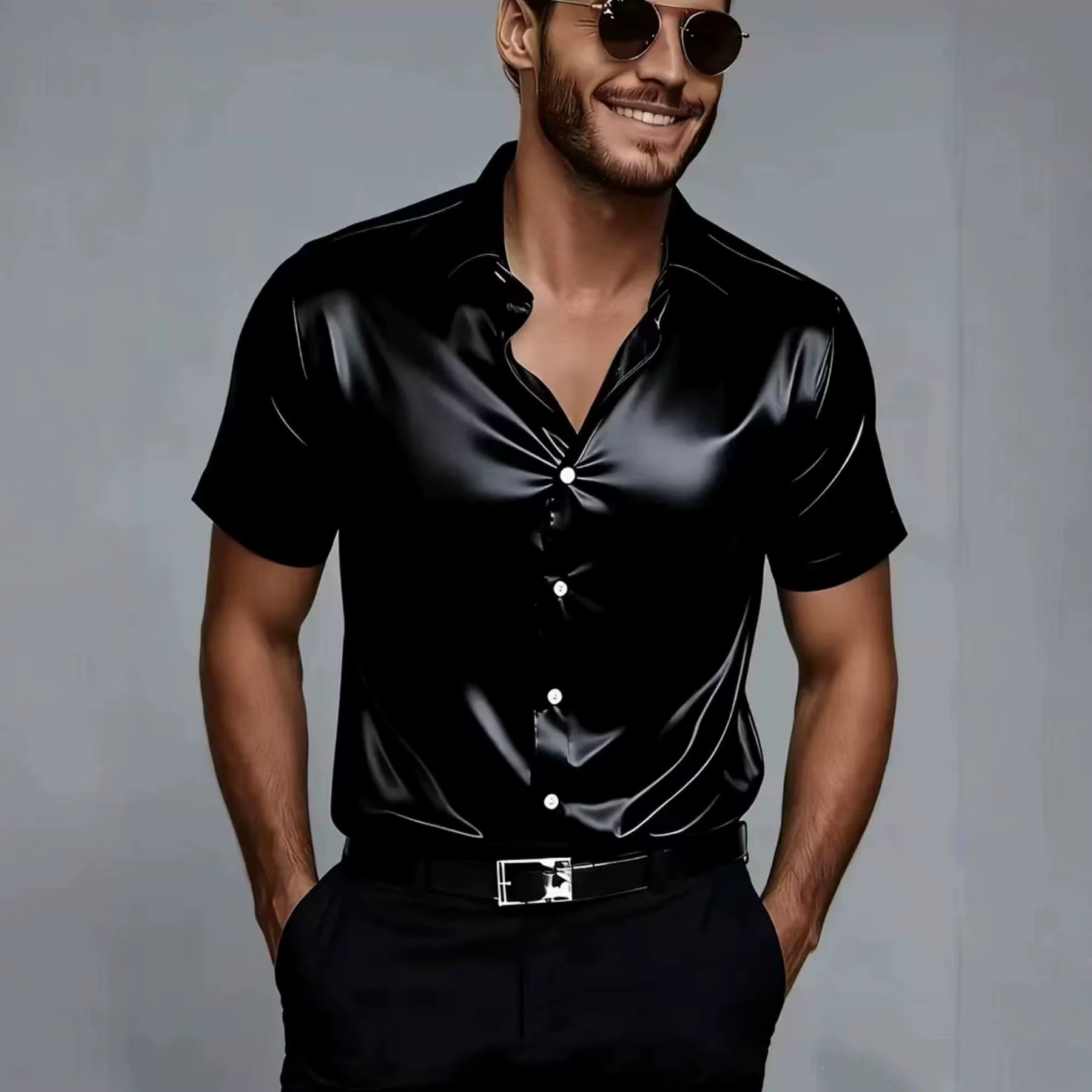 Chemise en satin de soie à manches courtes pour homme