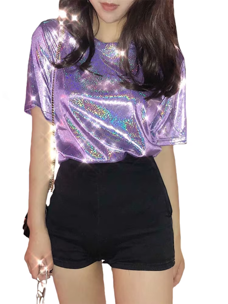 Été femme hauts brillant ample à manches courtes t-shirt sexy club esthétique harajuku femmes élégant