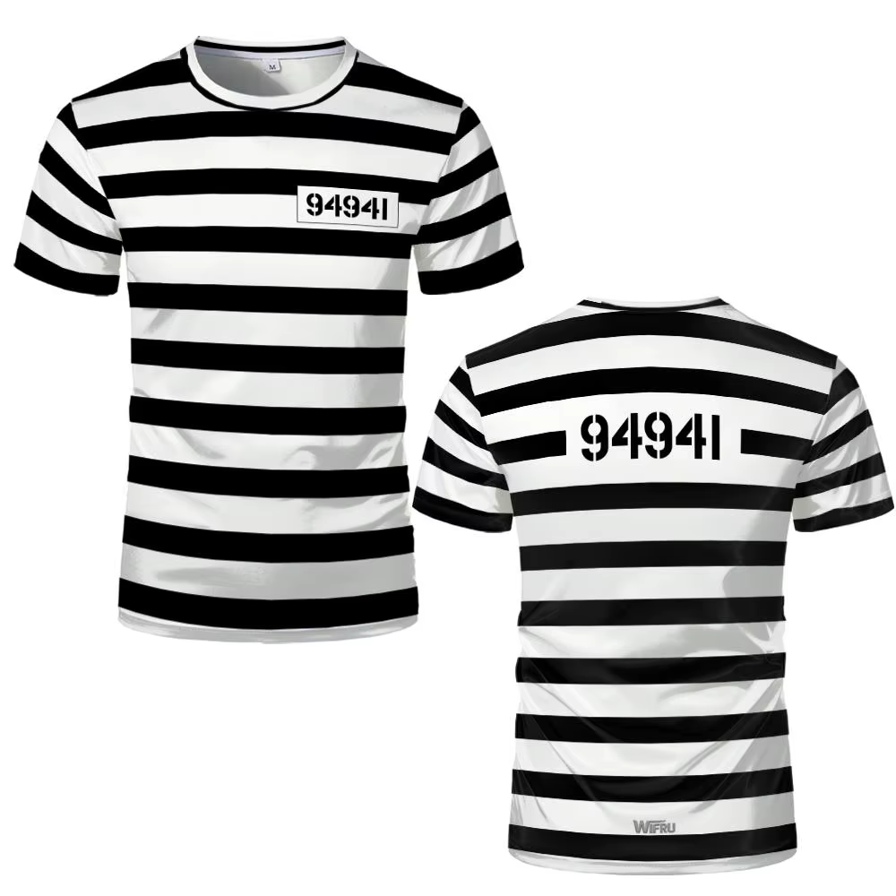 Abstract Prison uniforme style rayé imprimé T-shirt drôle jeu de rôle à manches courtes haut unisex humoristique personnalisé vêtements de rue