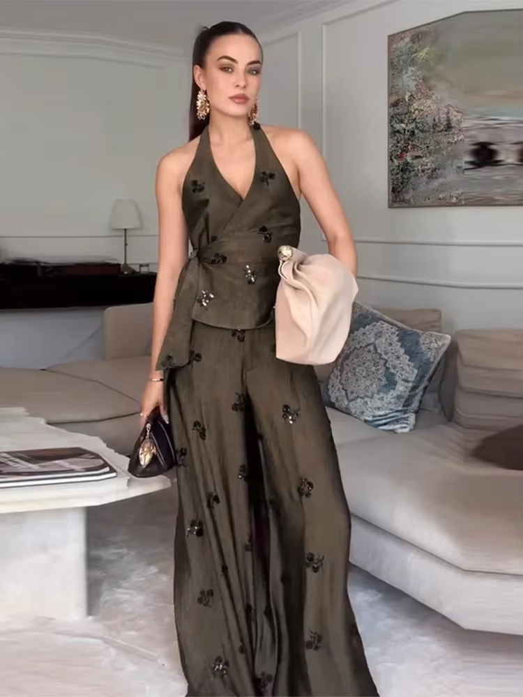 Ensemble deux pièces vintage pour femme : Gilet à sequins
