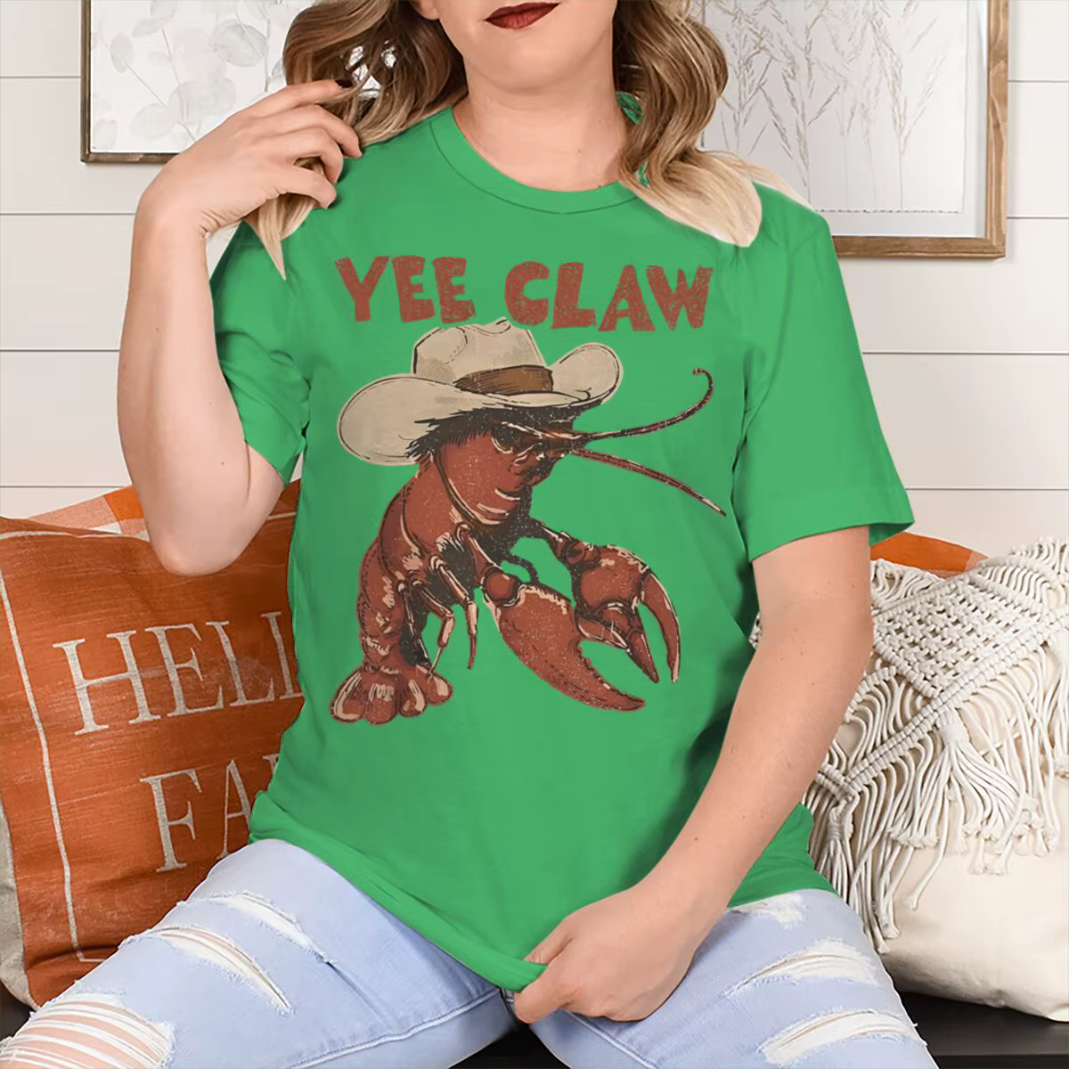 T-shirt unisexe tendance « Yee Claw » vintage à motif homard, manches courtes, col rond, streetwear amusant pour femmes et hommes