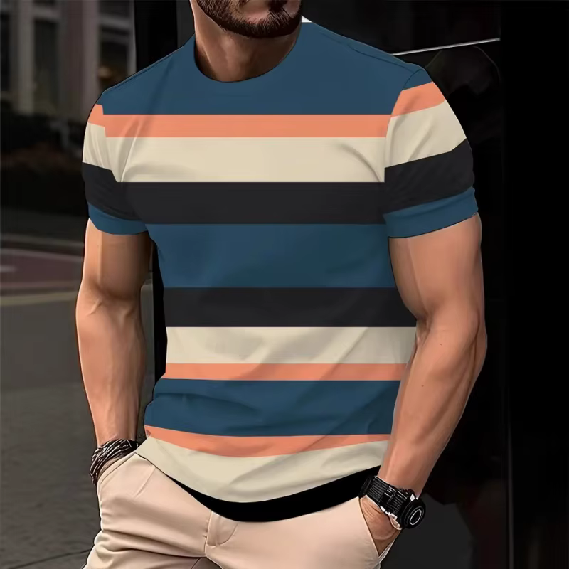 Rayures colorées motif T-Shirt pour hommes mode bloc de couleur 3D imprimé t-shirts été respirant haut col en o