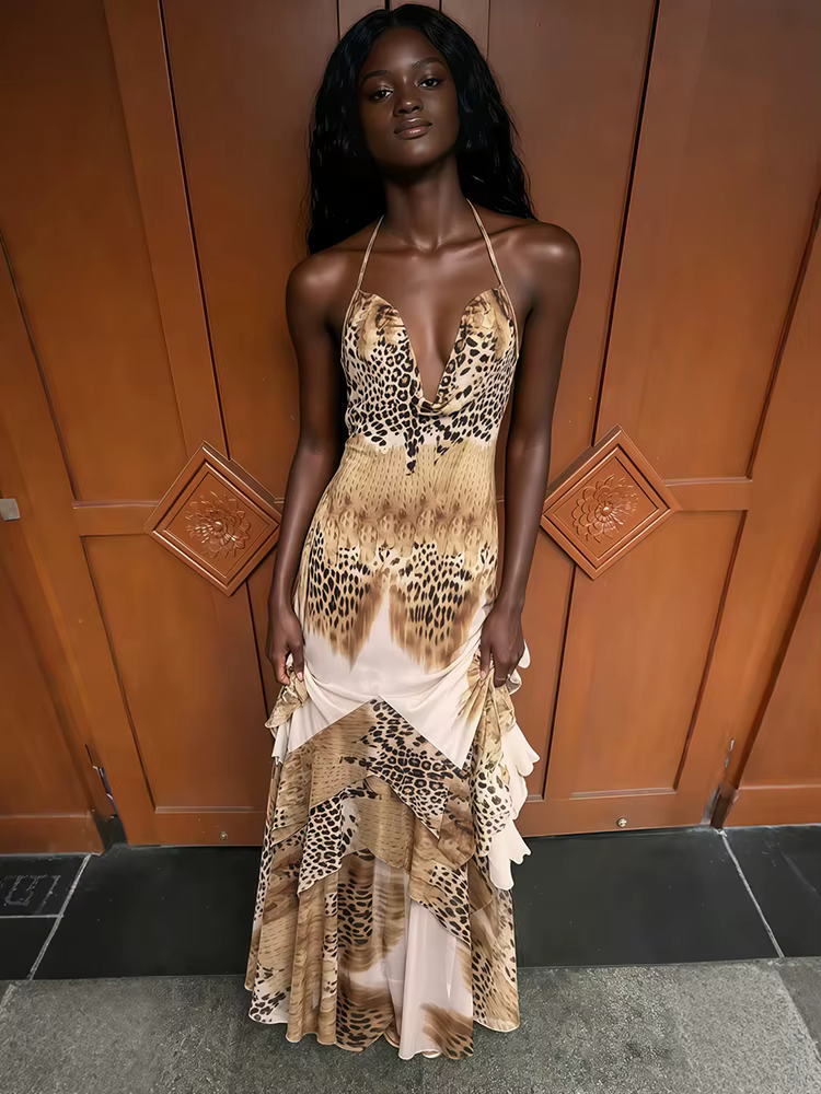 Robe longue moulante Kliou imprimé léopard sexy pour femme