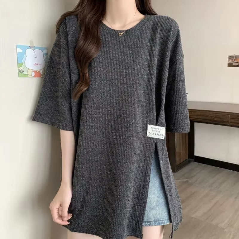 Style paresseux ample fente ourlet jeunesse hauts été à manches courtes col rond simplicité rue décontracté t-shirts mode coréenne femmes vêtements