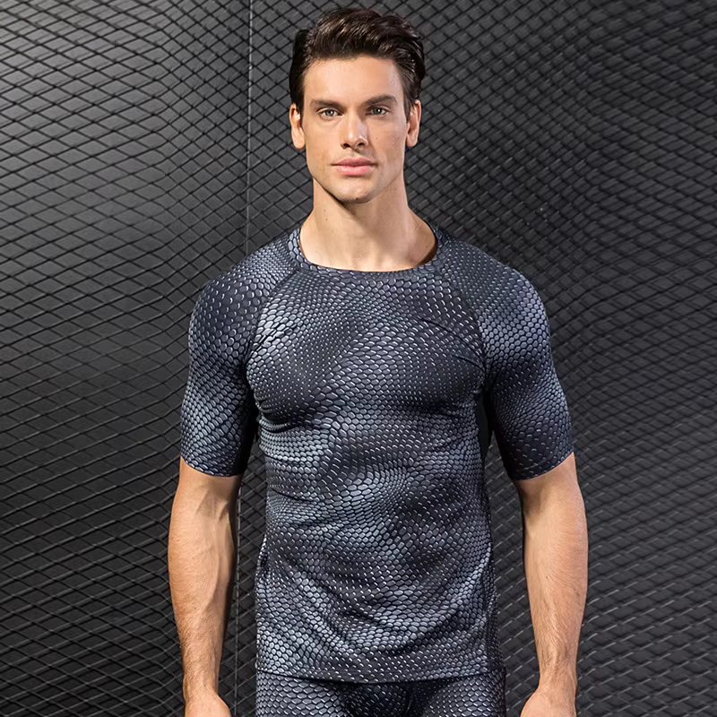 Chemises imprimées à Compression pour hommes, T-Shirt d'entraînement à manches courtes, hauts de course à séchage rapide, chemise d'entraînement athlétique