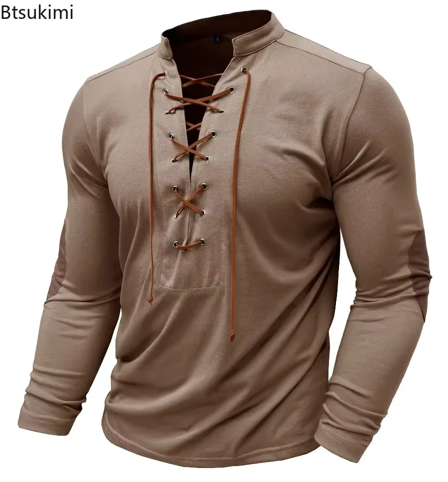 Nouveaux T-shirts Homme à Lacets Coupe Slim Col V Manches Longues Hauts de Sport Décontractés Uni Style Henley Mode Rétro Basiques