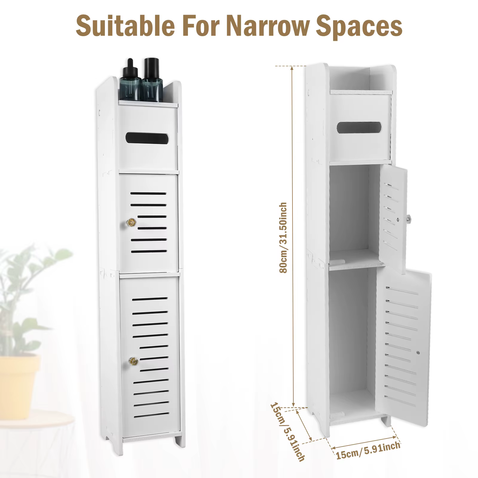 Armoire de rangement pour salle de bain, armoire de sol à 3 niveaux, organisateur avec porte, porte-rouleau de papier toilette autoportant, armoire de rangement pour toilettes étroite