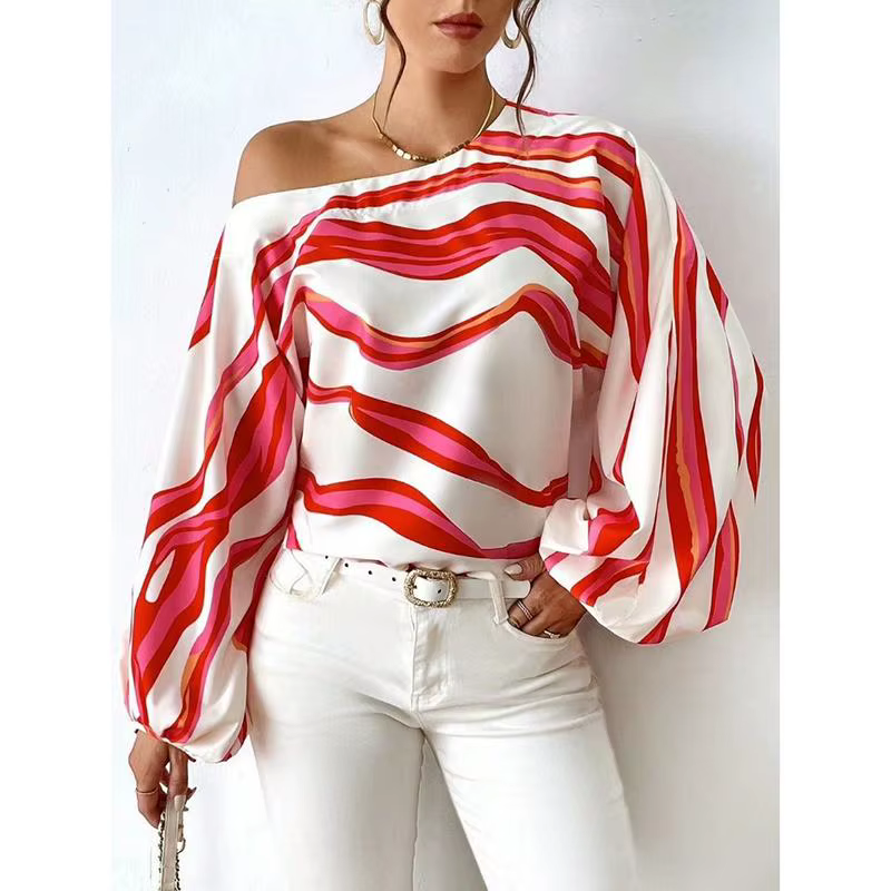 Mode à manches longues Sexy épaules nues chemises femmes Slash cou imprimé Blouses décontractées en vrac