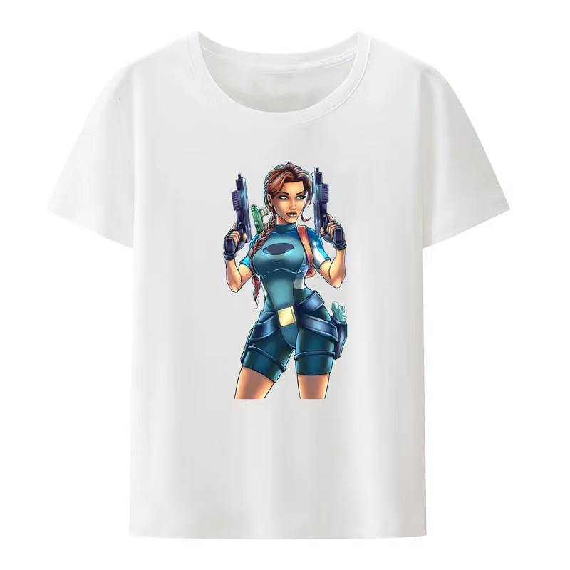 Tomb Raider Lara Croft noir blanc imprimé t-shirt hommes femmes à manches courtes col rond mode Streetwear créatif populaire Hipster chemise