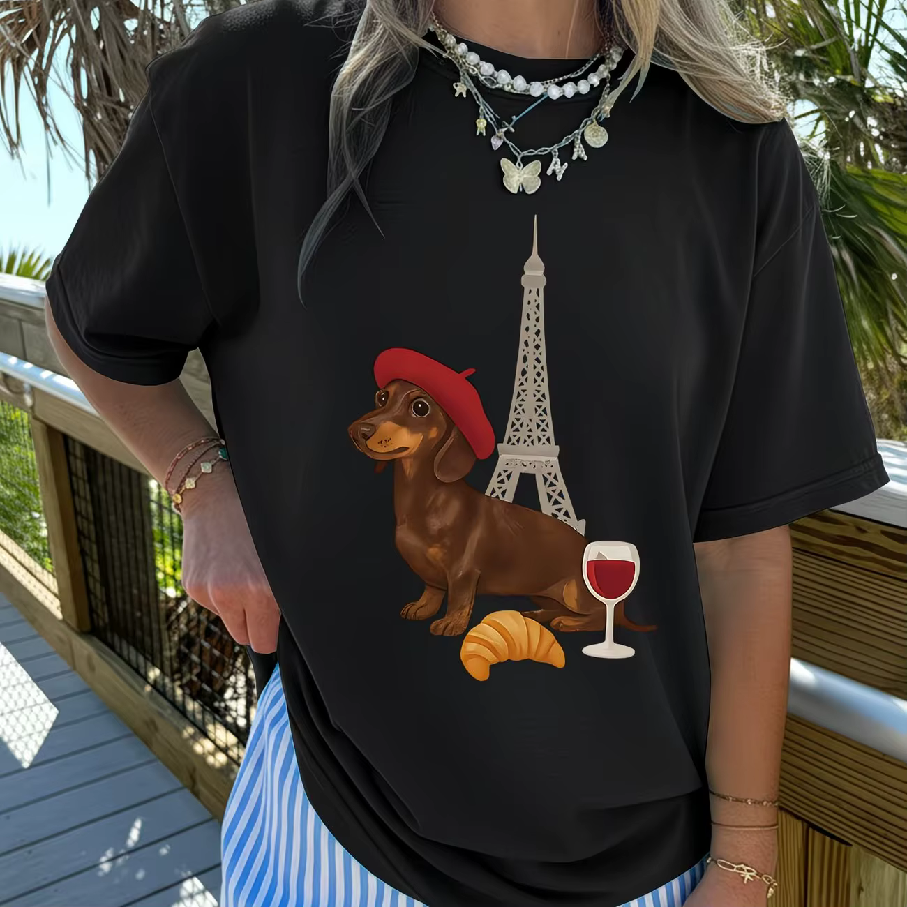 T-shirt drôle pour femme avec motif Teckel français et chien à la Tour Eiffel de Paris
