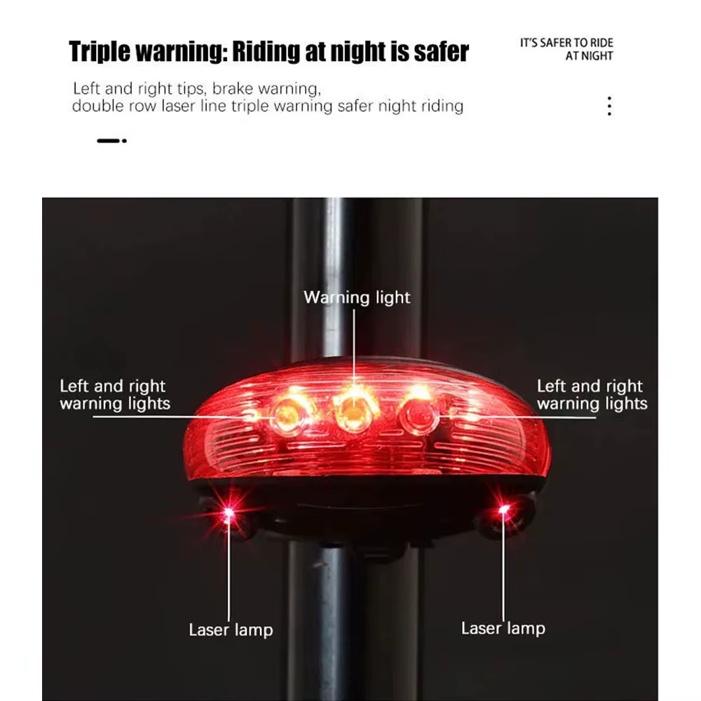 Feu arrière de vélo à 5 LED, lumière Laser pour conduite nocturne, cyclisme en plein air, étanche, feu arrière d'avertissement de sécurité