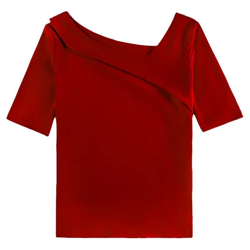Vêtements pour femmes T-Shirts basiques hauts dame mince à manches courtes col incliné gaine Blouse