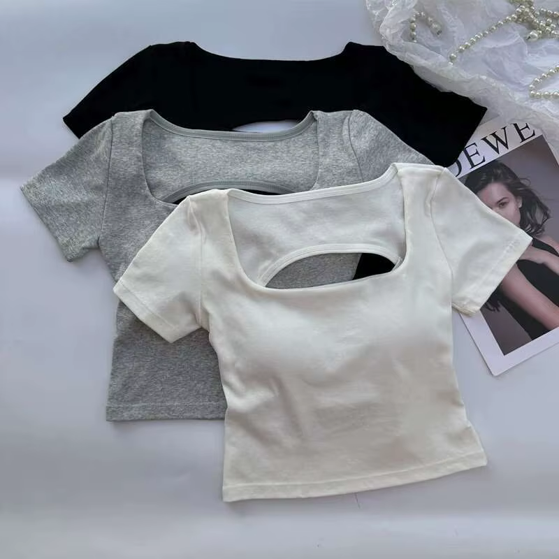 T-shirt femme vêtements encolure carrée hauts à manches courtes haut court avec soutiens-gorge pour femmes filles Sexy