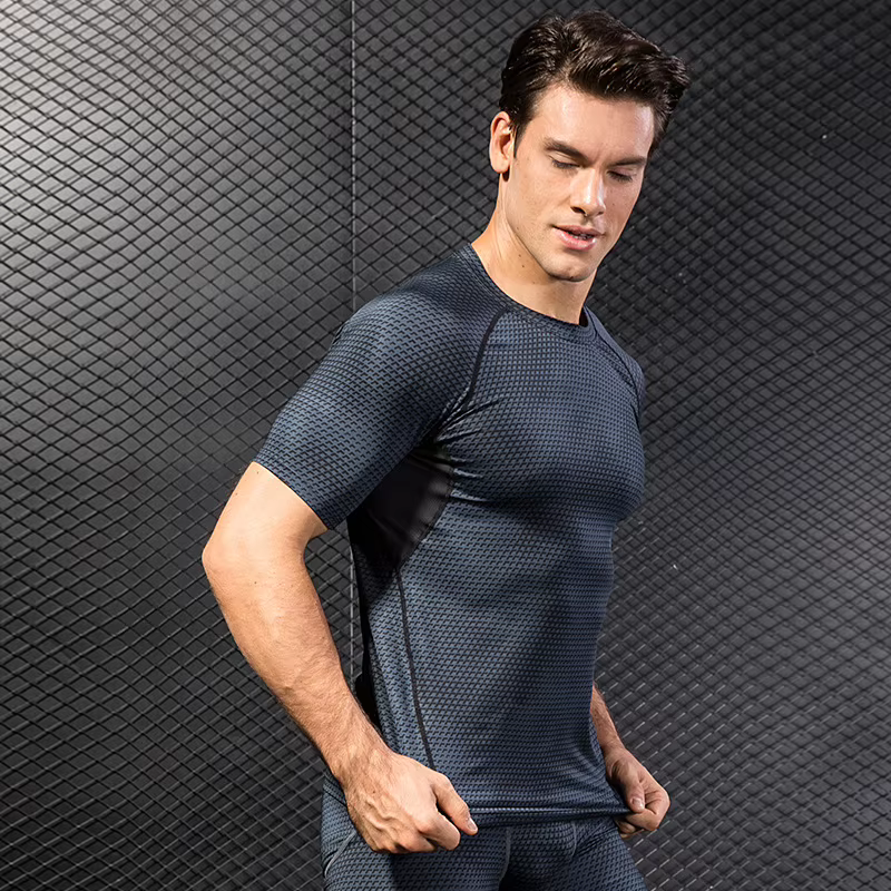 Chemises imprimées à Compression pour hommes, T-Shirt d'entraînement à manches courtes, hauts de course à séchage rapide, chemise d'entraînement athlétique