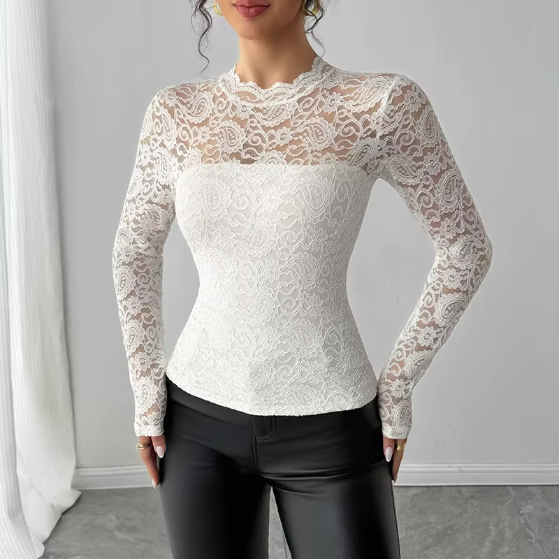 Élégant à manches longues dentelle chemise femmes Sexy transparent hauts blancs femme printemps automne col rond