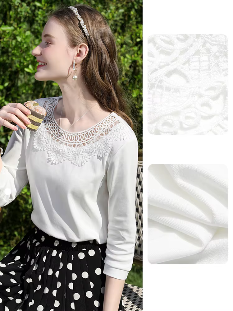 Je crois que vous T-shirt trois quarts blanc pour femmes printemps 2025 col rond hauts évidé broderie t-shirts occasionnels 2251015924
