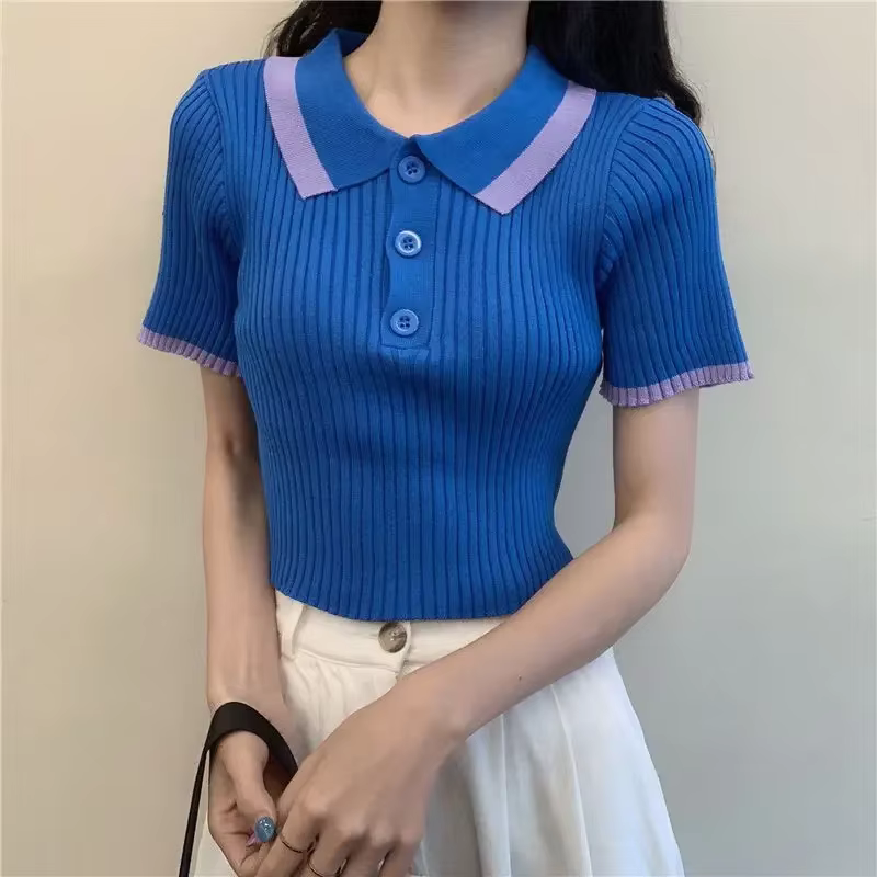 Polo femme Sexy haut court bouton femme t-shirt tricoté mince avec T-shirts col vêtements coréens pulls tendance 2025 été