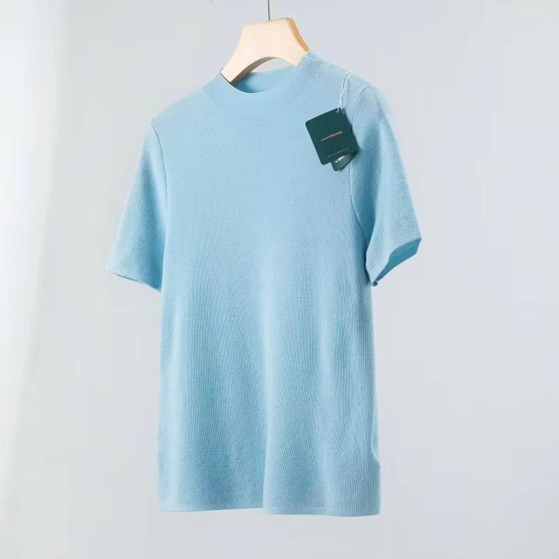 T-shirt en laine mérinos superfine 100% filé fin Yangtze allemand 120's, col semi-montant, tricoté à manches courtes, couche de base, coupe ajustée pour femme, pull fin tendance pour le quotidien