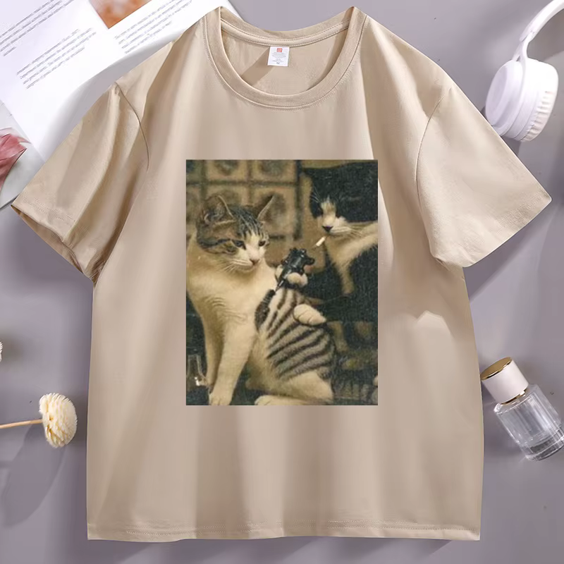 Tatouage chat Meme t-shirt décontracté coton à manches courtes t-shirts graphiques Streetwear haute qualité