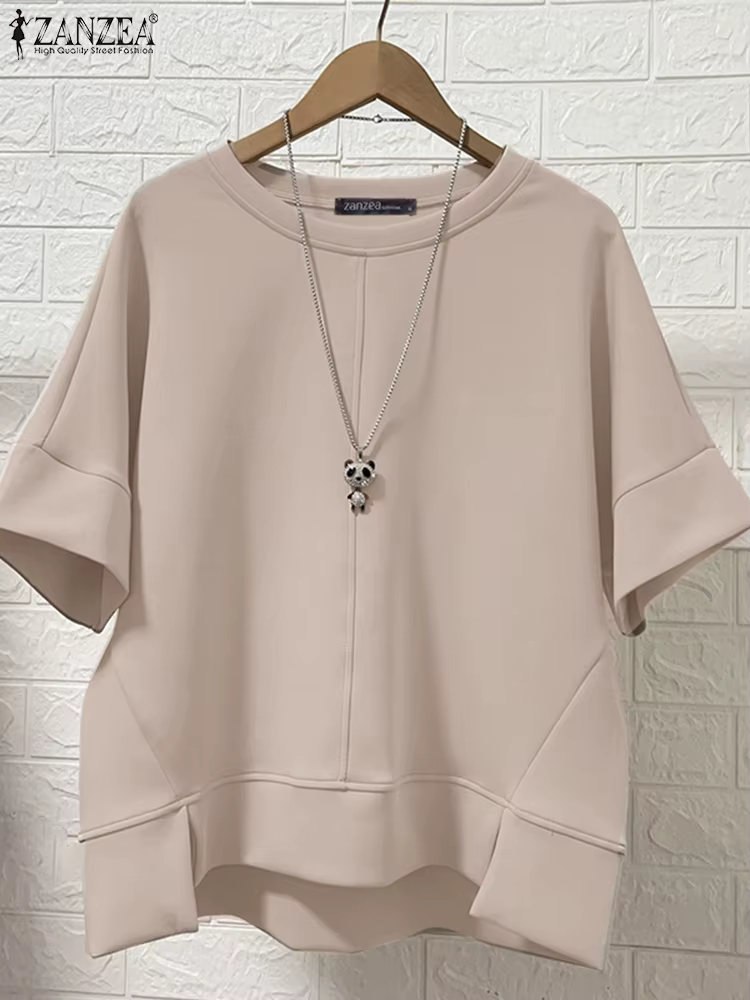 ZANZEA Streetwear ourlet asymétrique T-Shirts femmes décontracté col rond demi manches Patchwork