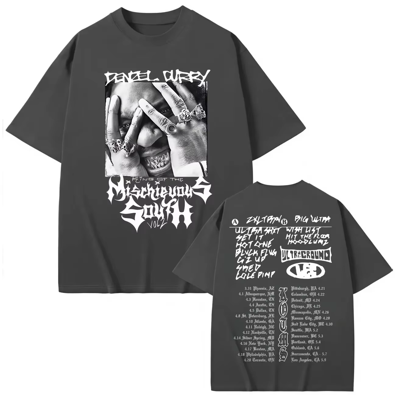 T-shirts graphiques du tournée 2025 du rappeur Denzel Curry