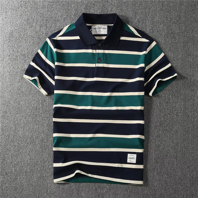 Coton épais May kaki vintage couleur contraste revers rayé polo à manches courtes T-shirt hommes mode