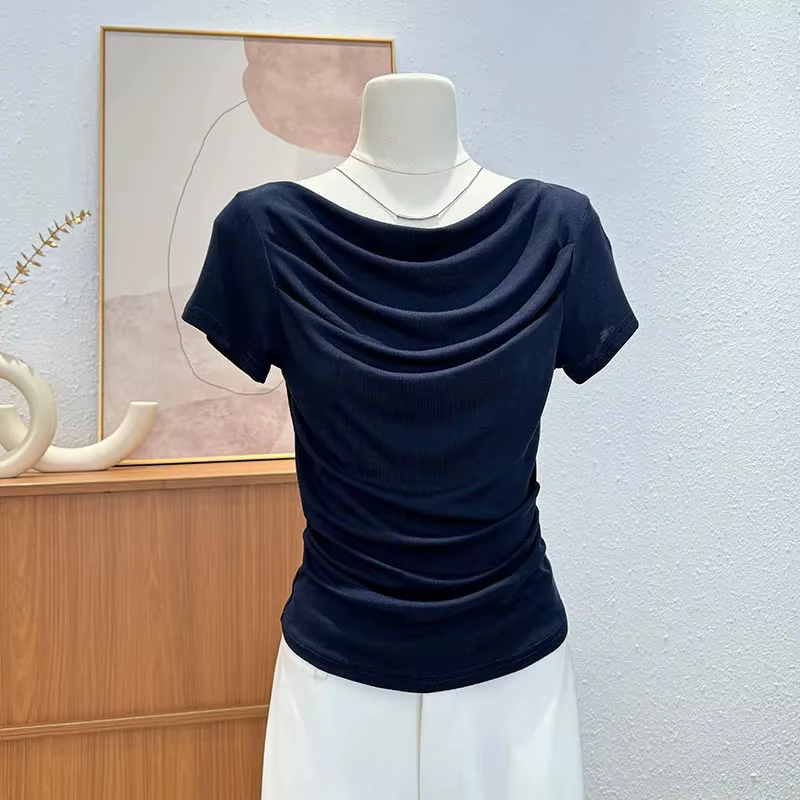 T-shirt drapé à col bénitier et manches courtes pour femme, en modal, coupe ajustée, taille froncée, élégant et décontracté, idéal comme sous-vêtement.