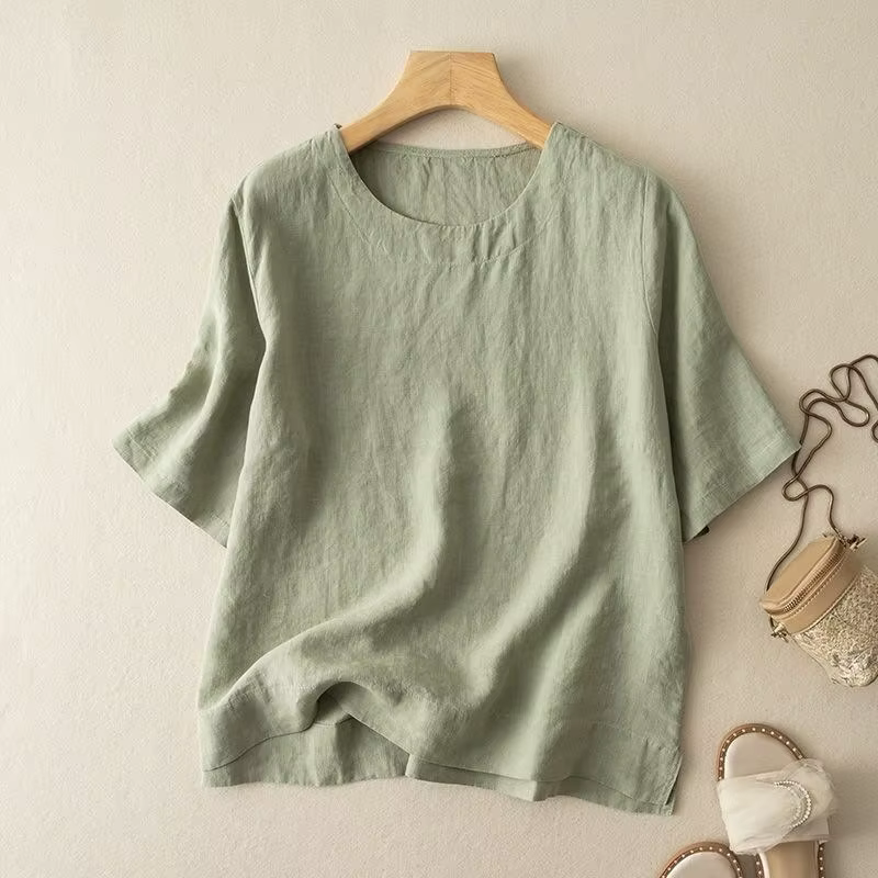 T-shirt à manches courtes en mélange de lin pour femme