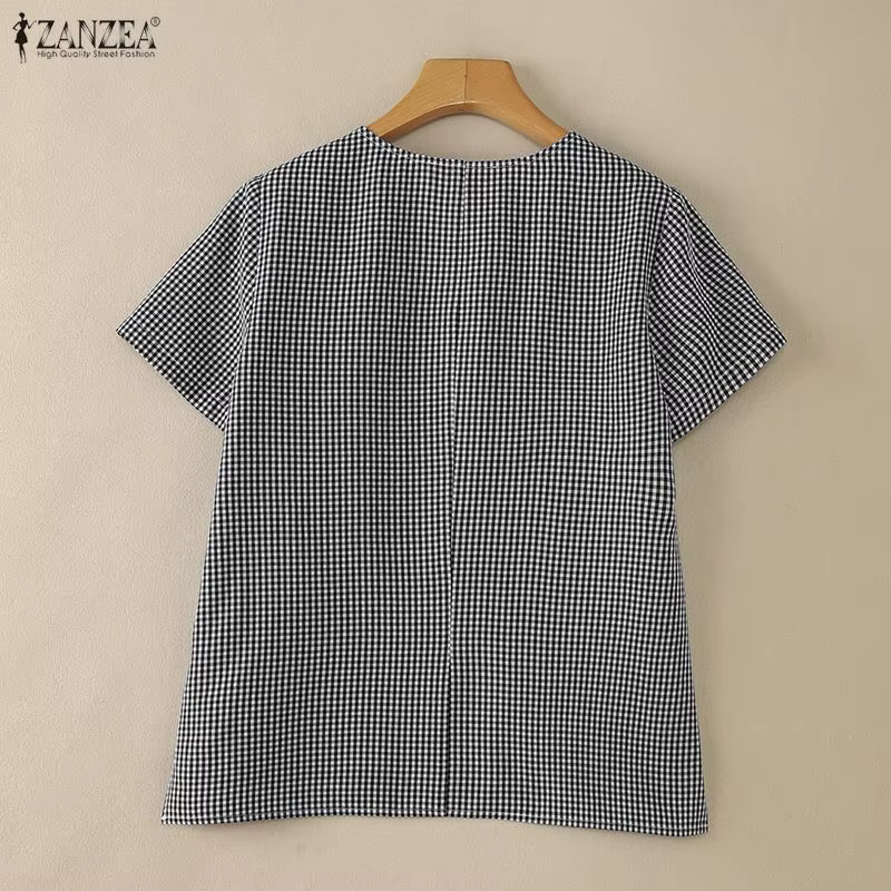 Chemisier à carreaux à manches courtes pour femme ZANZEA