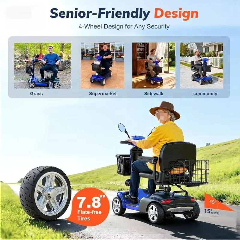 Scooter électrique à 4 roues avec deux paniers, moteur 350W, siège rotatif, port USB, capacité de 300 lb, personnalisé