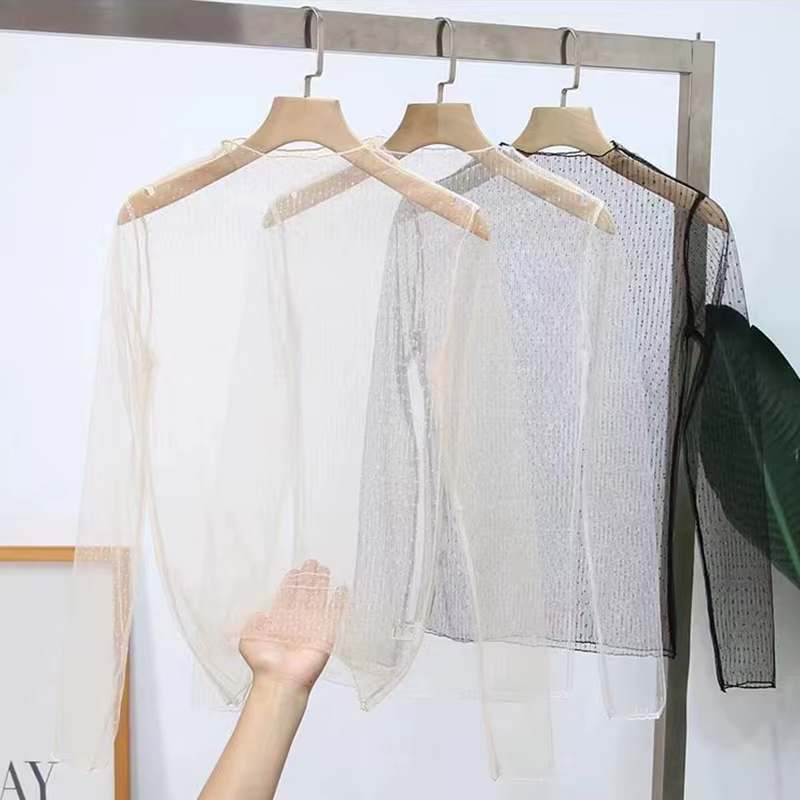Sexy voir à travers les hauts femmes Transparent à manches longues dentelle T-shirt maille Tulles