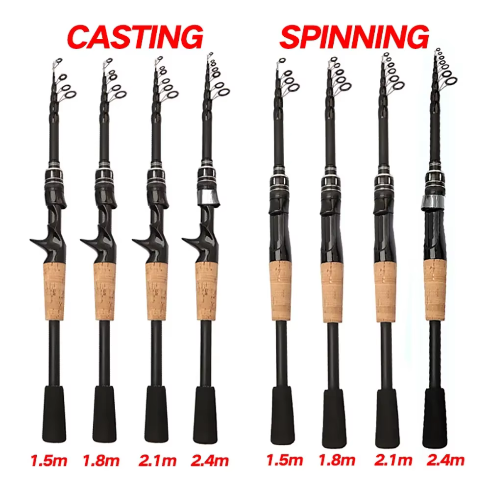 Canne à leurre télescopique 1.5M 1.8M 2.1M 2.4M canne à pêche Spinning en carbone canne à pêche Baitcasting 8g-25g manche en bois matériel de pêche coulée