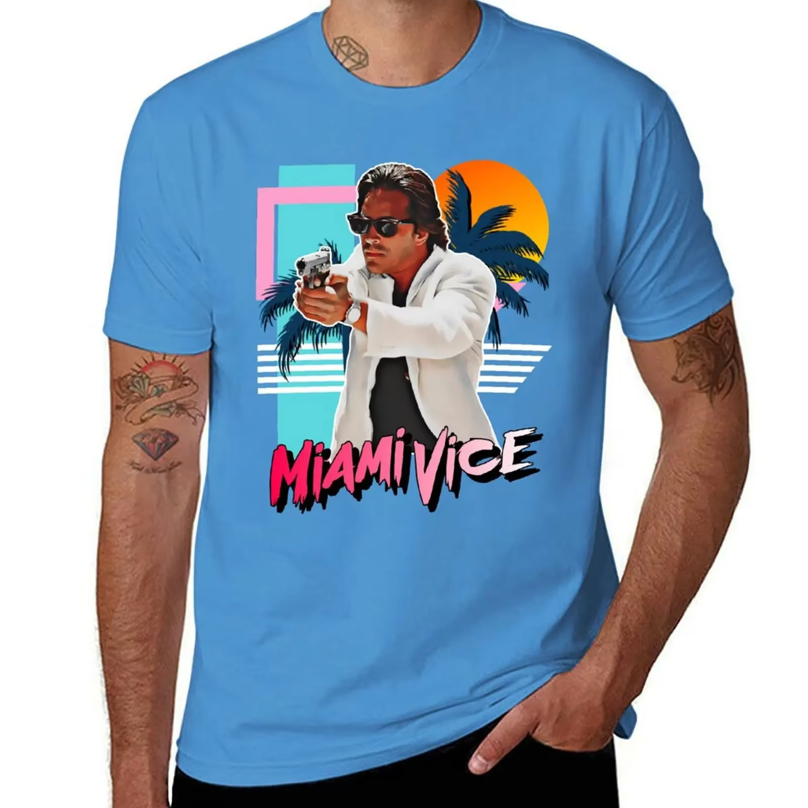 T-shirt Rétro Miami Vice Années 80 Hommage à Sonny Crockett – Haut d'été à Manches Courtes pour Homme
