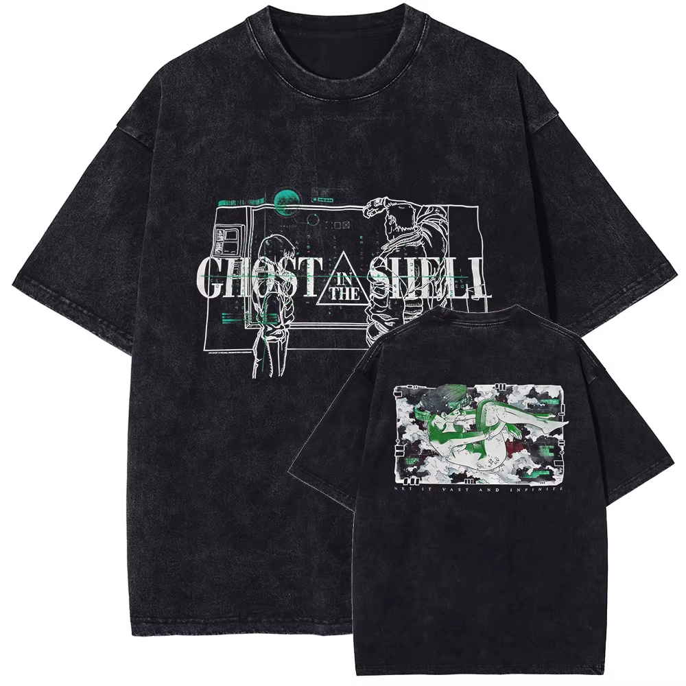 Ghost in the Shell Manga imprimé T-shirt pour hommes femmes vêtements Vintage lavé surdimensionné