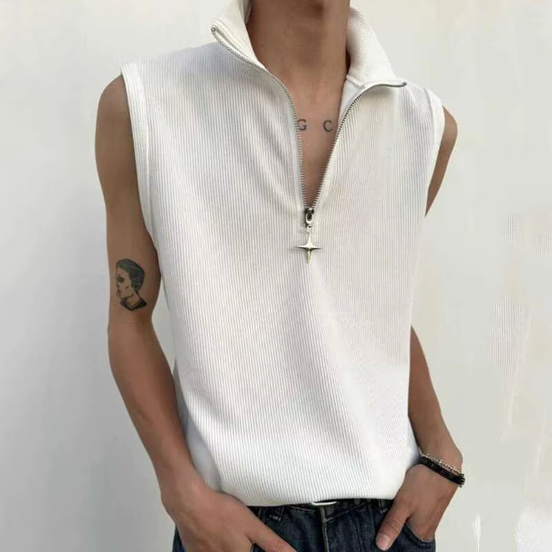 LUZHEN couleur unie fermeture éclair décorer T-shirts sans manches hommes 2025 été Original Streetwear à la mode col montant débardeurs JY2796