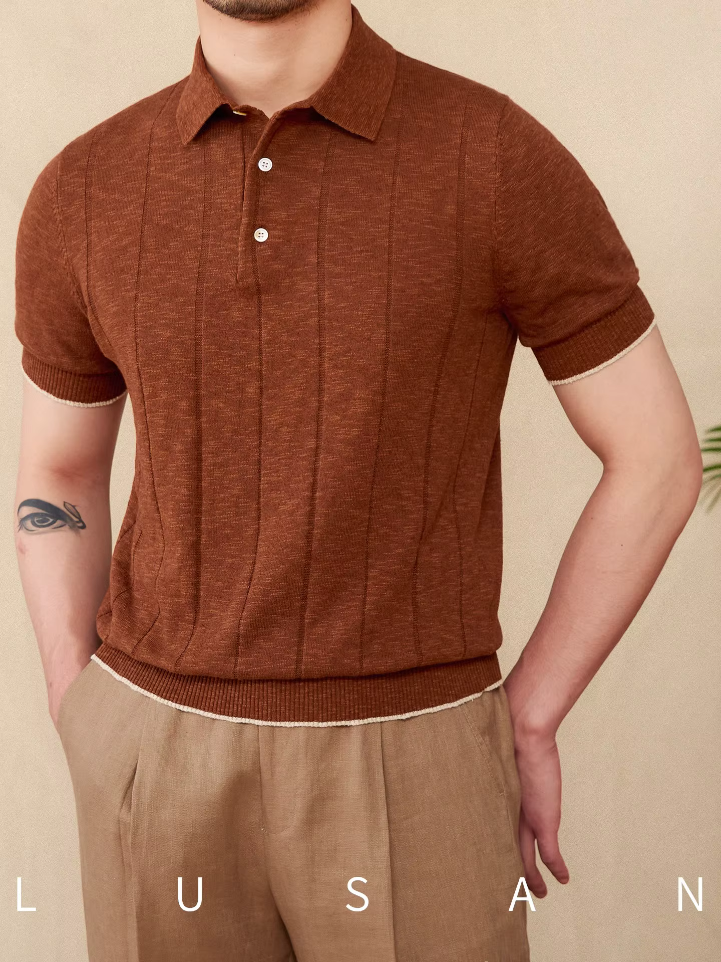 Polo tricoté en lin et coton mélangé pour hommes
