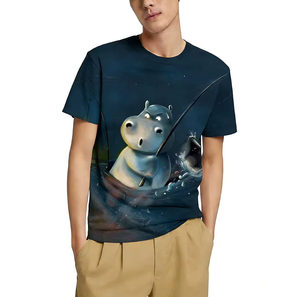 T-shirt à imprimé graphique hippopotame de dessin animé, personnalité animale, mode masculine, décontracté, drôle, impression 3D, streetwear, basique, col rond, manches courtes