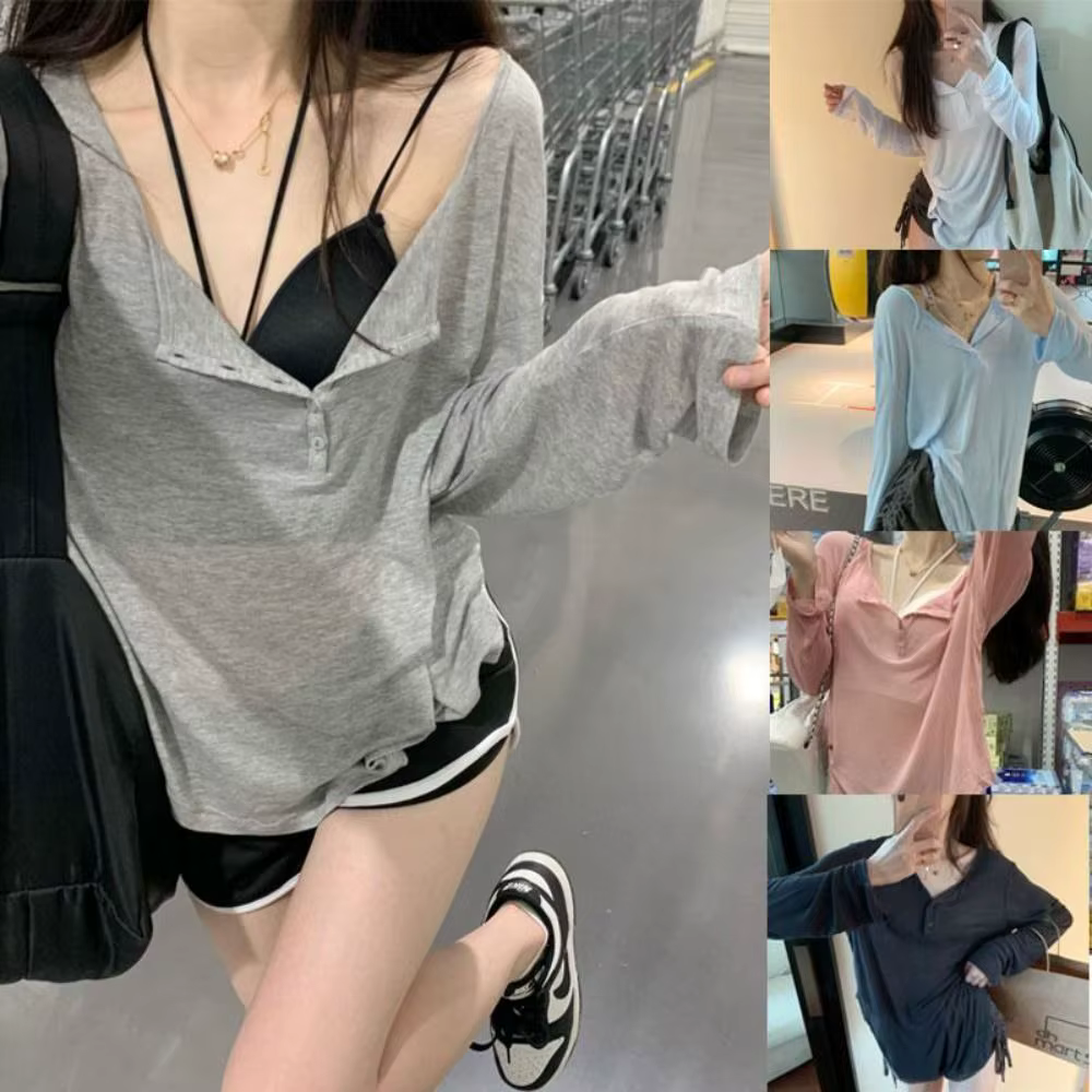 T-shirt à manches longues et col en V pour femme