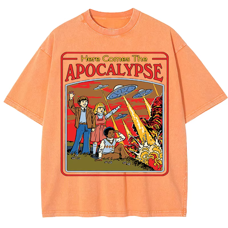 T-shirt vintage imprimé Apocalypse, style rétro délavé, pour homme, été, unisexe, en coton, tendance, effet délavé, confortable, doux, hauts pour homme