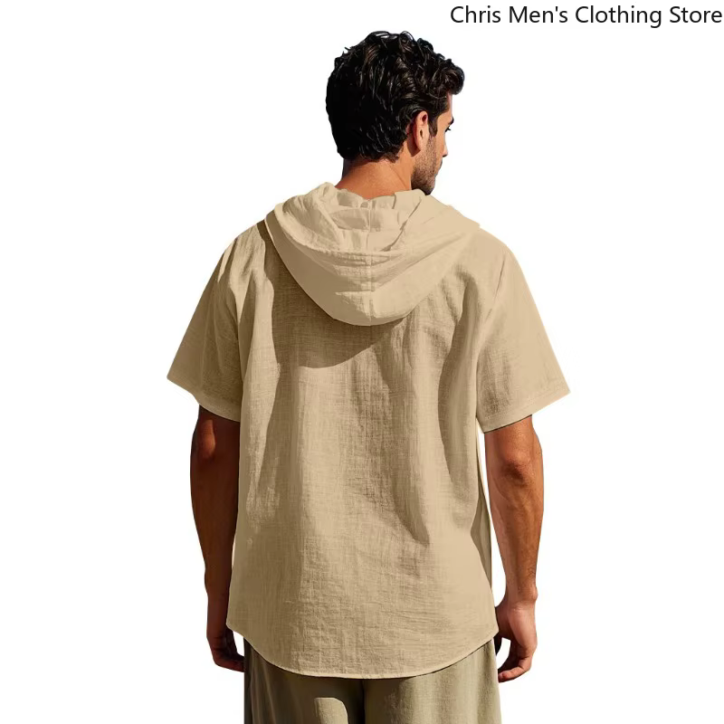 Chemise à capuche à manches courtes en lin pour hommes-T-Shirt de vacances léger et confortable haut vêtements pour hommes