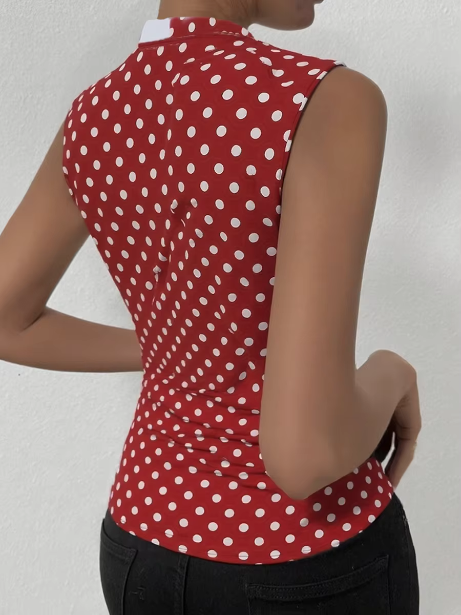 Débardeur Femme Tendance Printemps-Été Marron Blanc à Pois Col V Effet Cache-Cœur Rétro Décontracté Quotidien Saint-Valentin