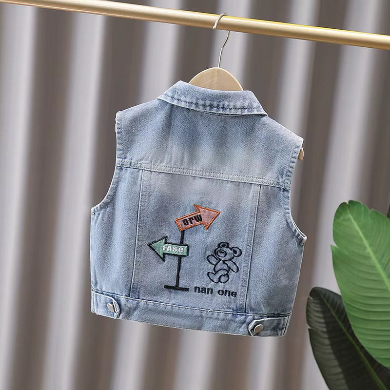 Enfants Denim veste sans manches avec ours de dessin animé pour Tween garçon fille gilet en jean décontracté élégant