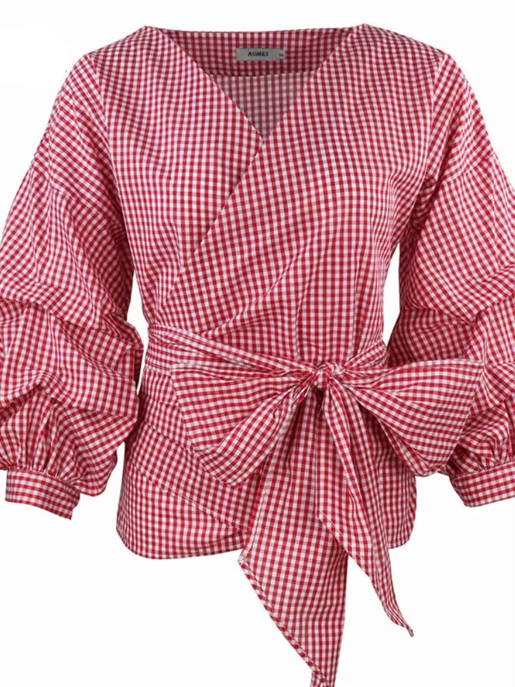 Femmes chemisier jaune Peplum hauts avec ceinture de taille noeud papillon manches bouffantes col en V dame chemises d'été vêtements féminins Blusas africain nouveau
