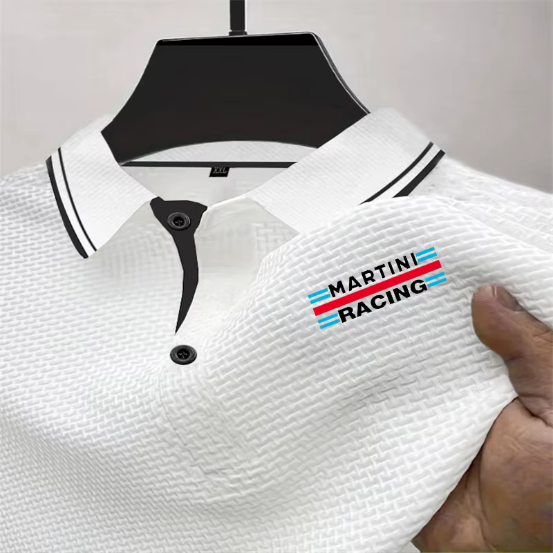 Polo en soie pour hommes T-Shirt à manches courtes bouton Martini course impression design revers luxe décontracté haut